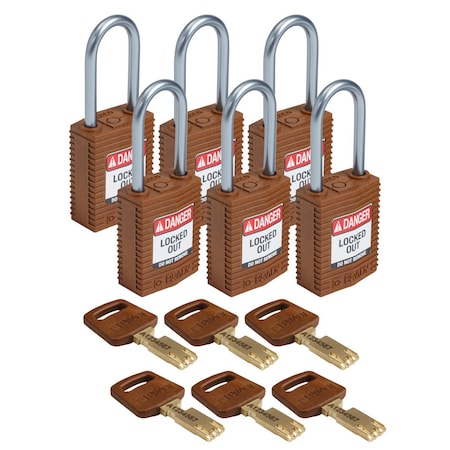 Brady Compact SafeKey Key Retaining Nylon Padlock 1.5 in Aluminum Shackle KD Brown 6PK CPT-BRN-38AL-KD6PK